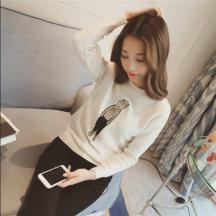 新款韓版女學(xué)生百搭刺繡小人圓領(lǐng)套頭針織衫女打底毛衣
