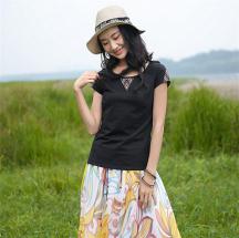 女裝民族風圓領刺繡短袖T恤女修身白色針織上衣