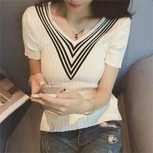 冰絲V領針織衫黑白條紋彈力短袖T恤女上衣