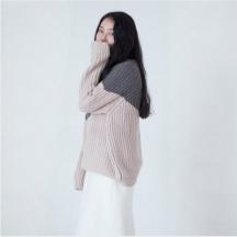 歐美學院風不規(guī)則撞色長袖套頭寬松圓領針織衫毛衣