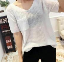 針織短袖女夏寬松V領(lǐng)打底衫百搭顯瘦上衣薄款t恤純色個性口袋