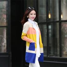新款甜美針織中長(zhǎng)款開衫長(zhǎng)袖修身?xiàng)l紋披肩毛衣女裝
