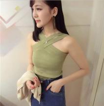 夏裝新款性感夜店交叉露肩修身針織吊帶衫背心T恤衫上衣女
