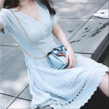 歐美v領(lǐng)針織裙復(fù)古氣質(zhì)女裝夏寬松短袖a型鉤花鏤空中長款連衣裙