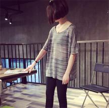 歐美寬松慵懶百搭條紋大V領(lǐng)針織短袖T恤女大碼休閑上衣