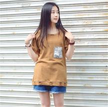 寬松休閑破洞文藝范字母印花針織短袖T恤女中長款