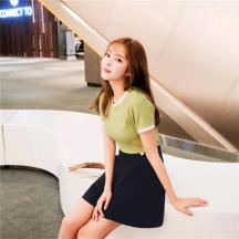 新款圓領(lǐng)修身短袖冰絲針織衫女夏薄款套頭t恤打底衫撞色韓范上衣