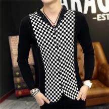 秋裝男毛衣開衫翻領(lǐng)長袖韓版青年棋盤外套