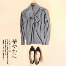 秋季最新可脫卸蝴蝶結(jié)飄帶長袖V領(lǐng)罩頭針織衫毛衣